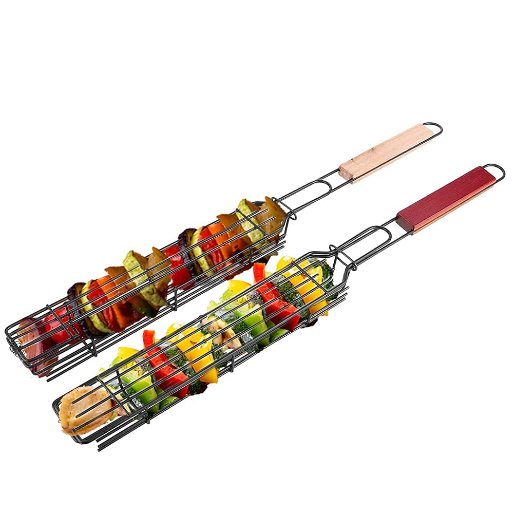 Single Kabob Baskets Grilling Basket, 2Pcs BBQ Long Handle Grill Basket Non-Stick Barbecue Rack Kebab BBQ Grill Box Tool for Roast Fish Vegetable Shrimp Seafood, 19.3inch