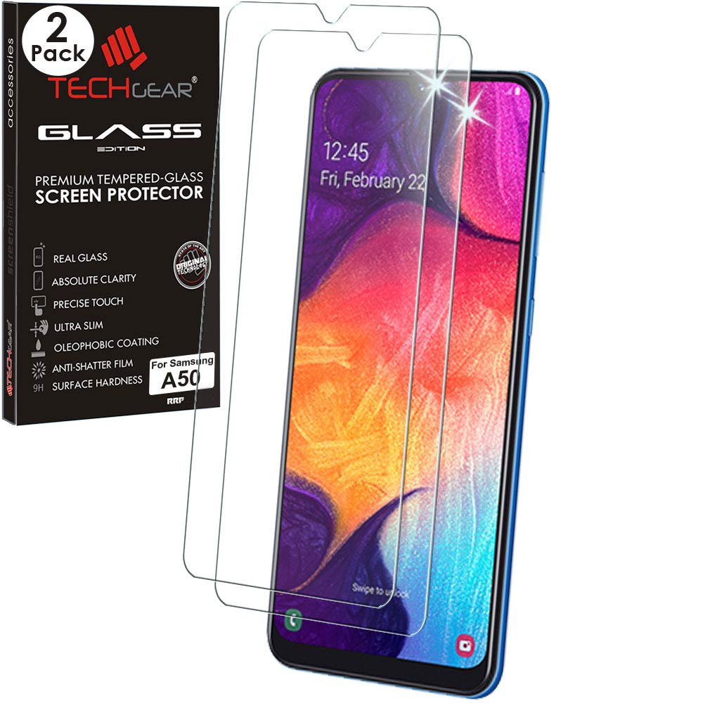 TECHGEAR 2 Pack GLASS Edition Compatible with Samsung Galaxy A50, Tempered Glass Screen Protector Covers [2.5D Round Edge] [9H Hardness] [Crystal Clarity] [Scratch-Resistant] [No-Bubble]