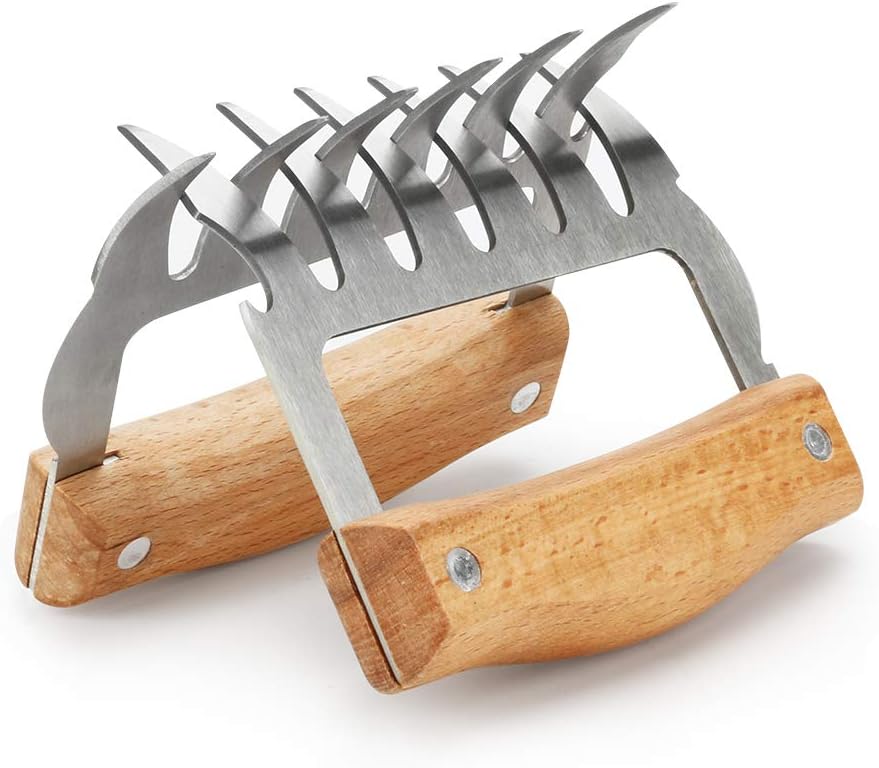 Welltop Fleisch Pulled Pork Krallen Meat Claws, 2 Stück BBQ Gabeln Bärenkrallen Edelstahl mit Holzgriff Langlebig & Scharfe, Geschwungene Gabeln zum Greifen, Zerkleinern & Reißen von Fleisch