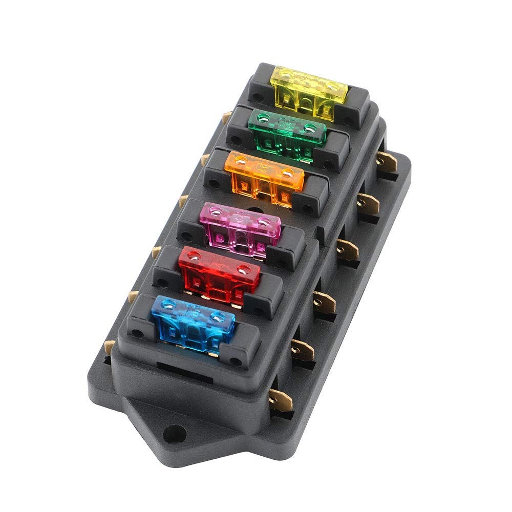 QitinDasen Premium 6-Way Car Blade Fuse Box with Damp-Proof Cover and 10pcs Free Standard Fuses (12V/24V)