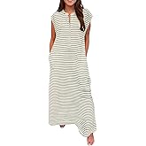 CHARTOU Loose Striped Flowy Long Dress for Women Summer Comfy Sleeveless Henley T Shirt Dress with Pockets