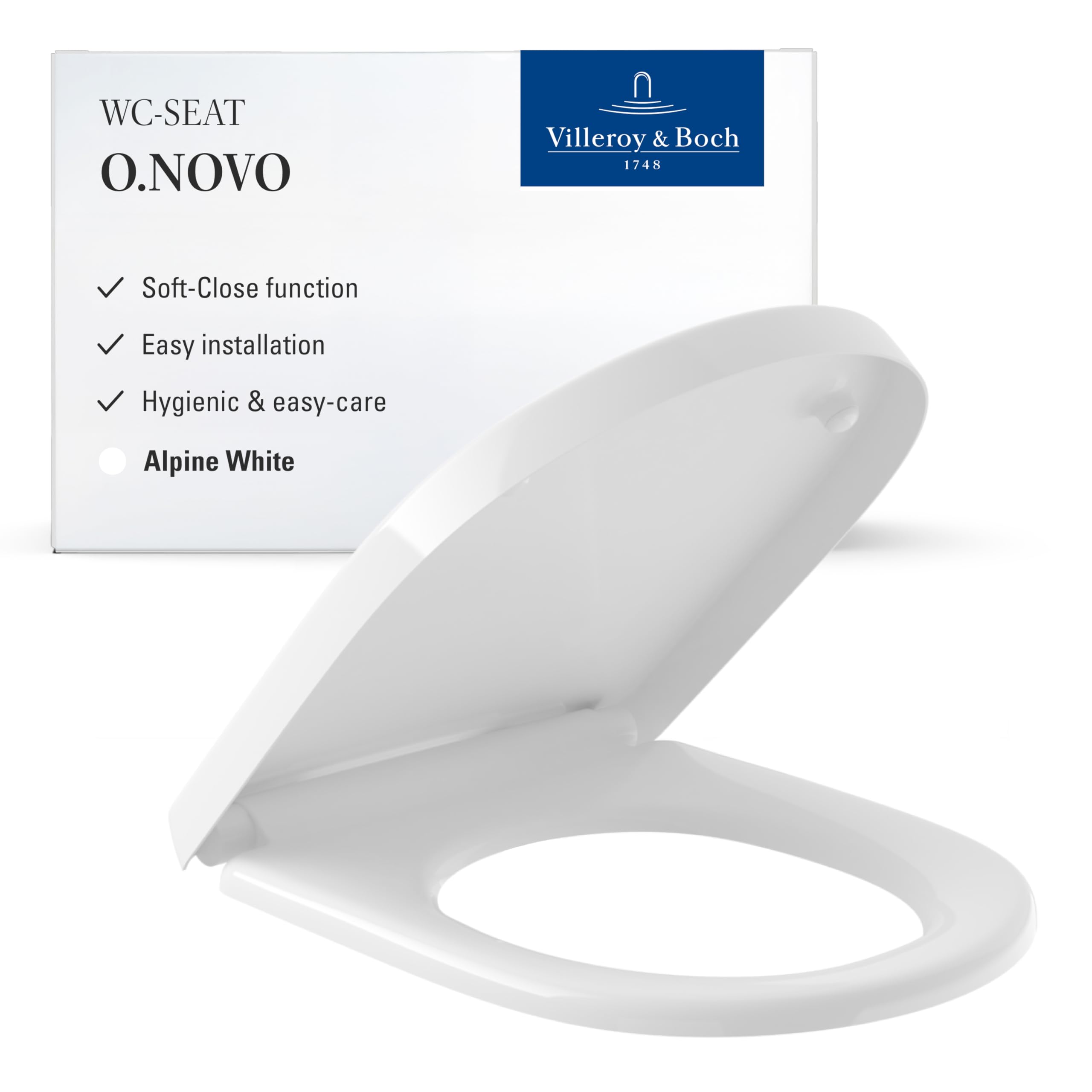 Villeroy & Boch O.novo Toilet seat - Toilet seat with Soft-Close Mechanism - Removable, shatterproof Toilet seat Made of duroplast in a D Shape - Original Spare Part - White Alpine, Glossy