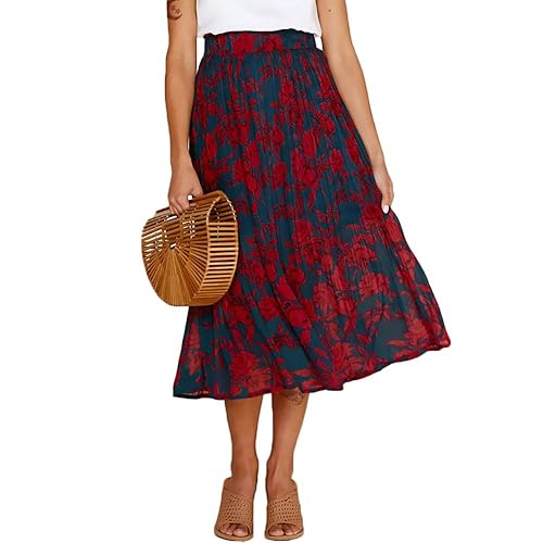 Exlura Womens High Waist Polka Dot Pleated Skirt Midi Swing Skirt