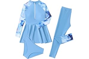 Swimsuit for Kids Girls Long Sleeve Rash Swim Dress with Pants Bottoms Full Athletic Swimwear Skirt Set Bathing Suit 4-12Y