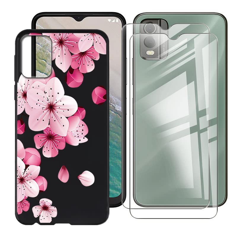 BUNAL for Nokia C32 (6.50") Phone Case + (2 Pack) Screen Protector, Black Silicone Case, Shockproof Slim Non-Slip Protective Case-Pink flowers