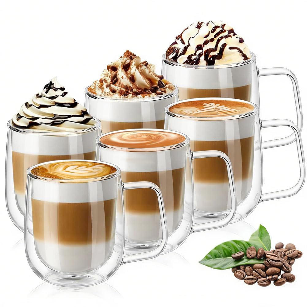 Vicloon 6x250ml Double Walled Coffee Glasses Mug, Borosilicate Heat Resistant Glass Cups with Handle, Cappuccino Latte Macchiato Glasses Cups, Coffee Cup for Coffee Tea Milk Juice Ice Cream