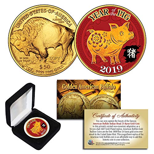 2019 Lunar YEAR OF THE PIG 24K Gold Clad $50 American Buffalo Tribute Coin BOX