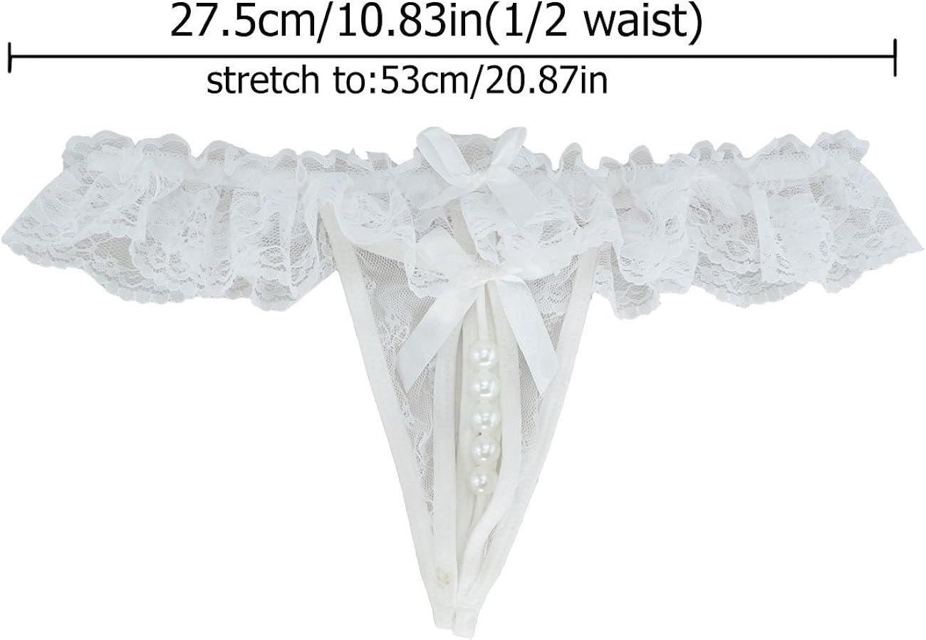 SYAYA Women’s Sexy Lace Lingerie G-String Pearls Ribbon Open Crotch T-String A2 (White) - Image 3