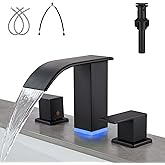 Kyatinsal LED Light Black Waterfall Bathroom Faucet 3 Holes - 8Inch Widespread Bathroom Sink Faucet | Two Handles Lavatory Vanity Sink Faucets with Pop-up Drain Assembly & Supply Lines