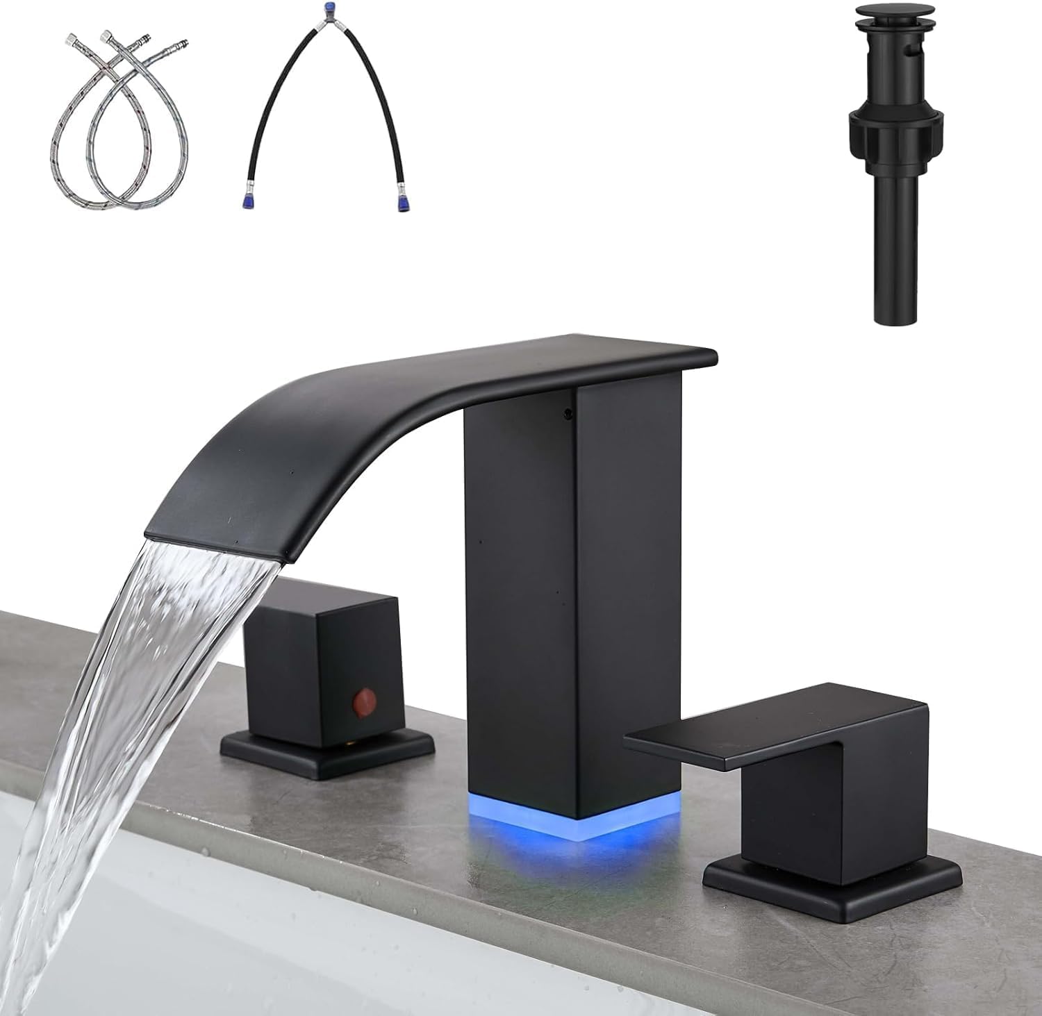 Photo 1 of ***(MISSING PARTS)***Kyatinsal LED Light Black Waterfall Bathroom Faucet 3 Holes - 8Inch Widespread Bathroom Sink Faucet | Two Handles Lavatory Vanity Sink Faucets with Pop-up Drain Assembly