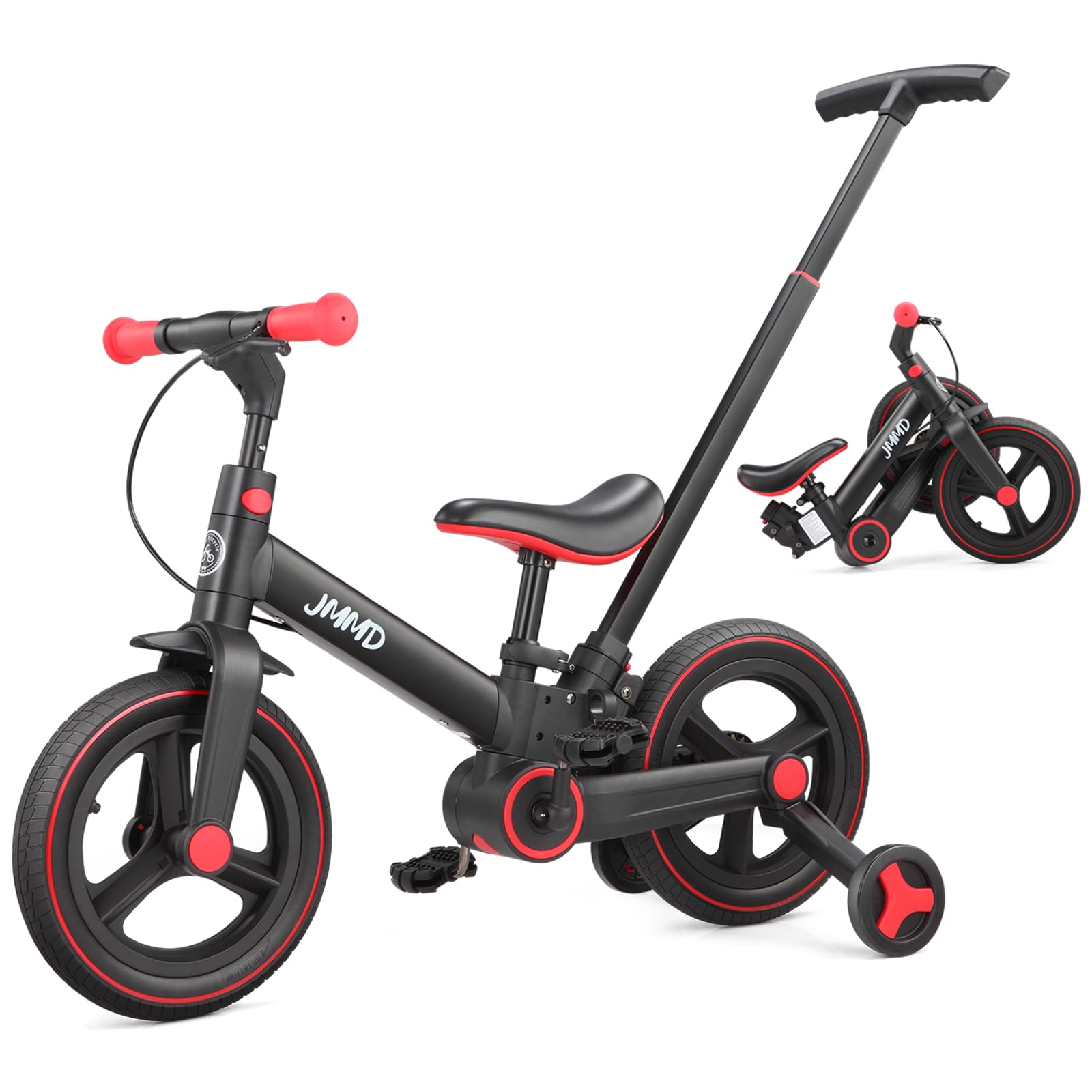 Photo 1 of **** MISSING PIECES****    JMMD Toddler Bike with Push Handle for Kids 18-60 Months, 6 in 1 Foldable Push Bike with Training Wheels, Pedals, Brakes, Kickstand, Kid Balance Bike Gift & Toys for Boy & Girl, Black