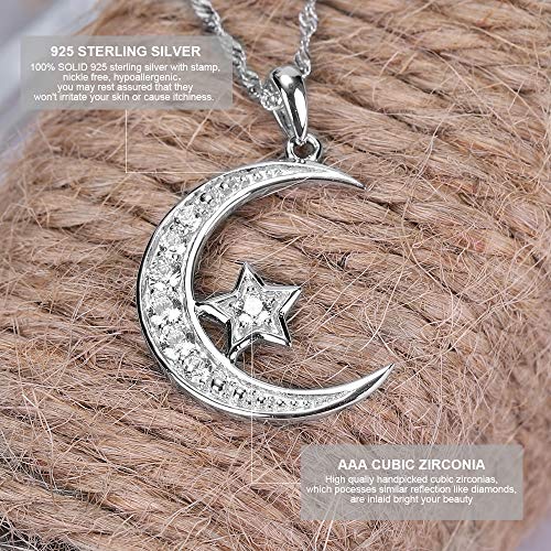 Gemschest Sterling Silver Crescent Moon Star Necklace Cubic Zirconia Jewelry for Teen & Women Ladies Dainty 18