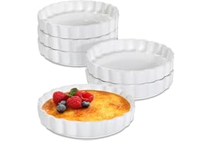 Vidalenta Ceramic Shallow Creme Brulee 6 oz Ramekins Oven Safe, Souffle Quiche Baking Dishes 4.7 Inch Mini Tart Pie Pans for Baking Custard Puddings and Dipping Sauces Set of 6, White