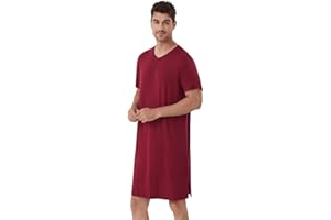 WiWi Men's Nightshirt Short-Sleeve Nightgown Viscose from Bamboo Soft Loose V-Neck Sleepwear Nightwear Sleepshirt Gowns S-XXL