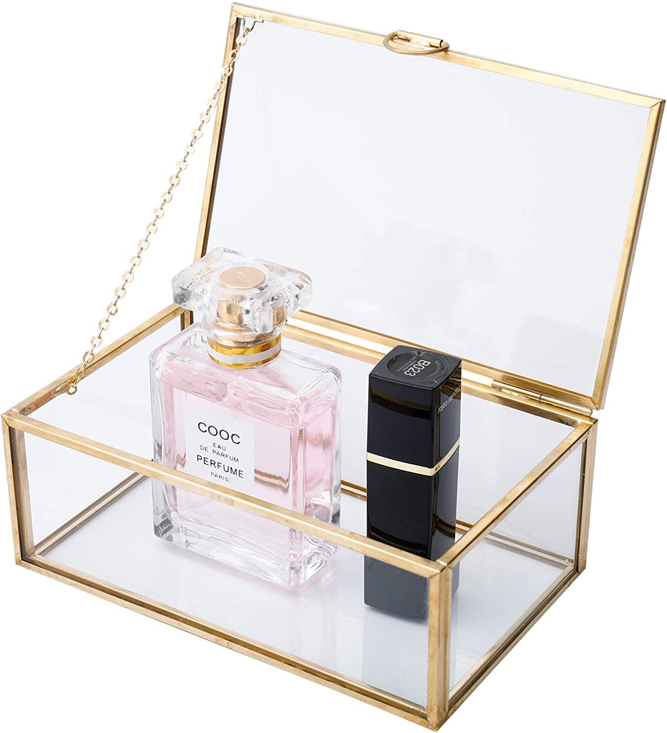 Homtone Golden Vintage Glass Lidded Box, Copper Decorative Keepsake Display Organizer Clear Rectangle Golden Box for Wedding Party Decor (14.6x9x5.5cm, Gold)