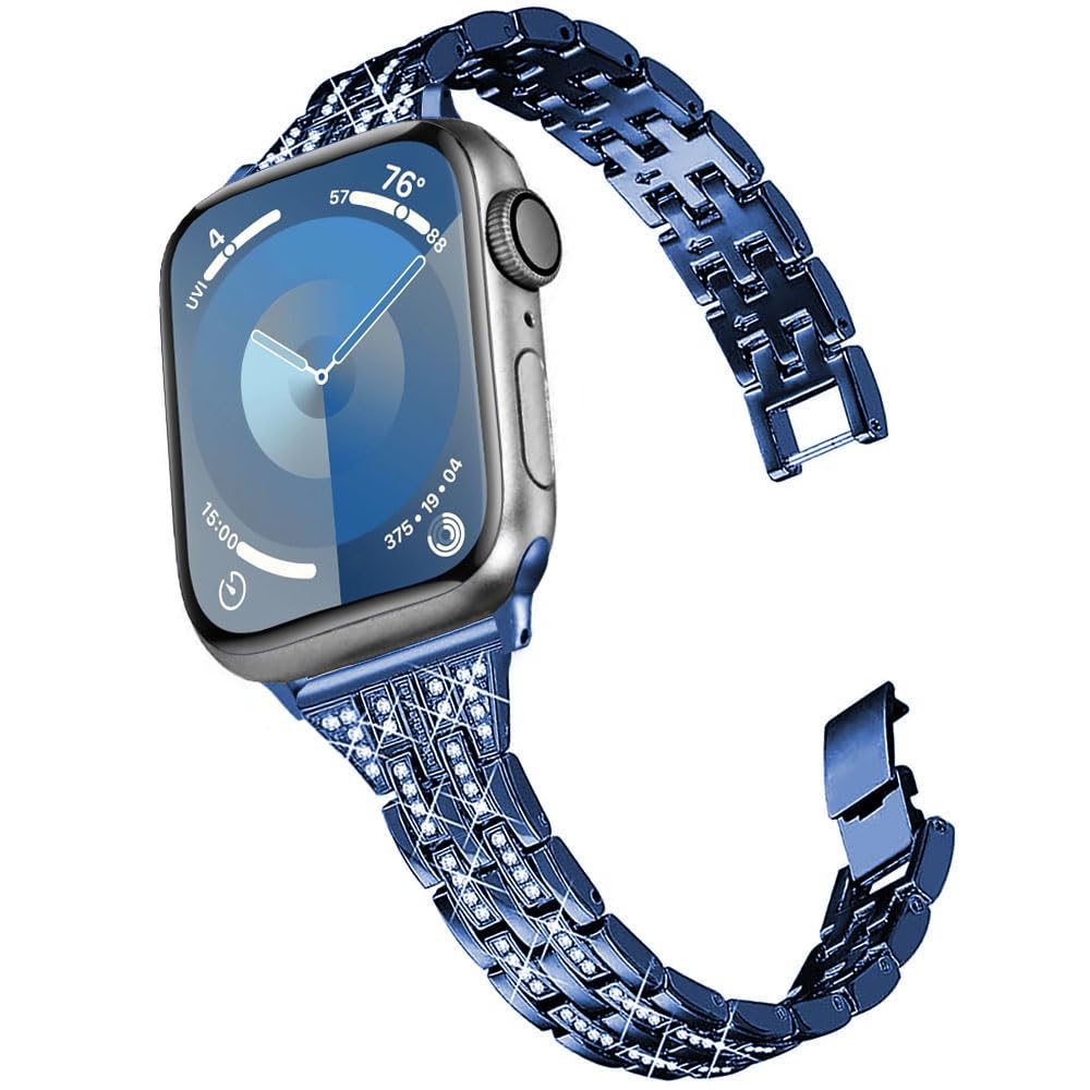 DEALELE Strap Compatible with iWatch 38mm 40mm 41mm, Luxury Diamond Rhinetone Metal Replacement Bracelet for Apple Watch Series 9 / 8 / 7 / 6 / 5 / 4 / 3 / SE Women Men (Blue)