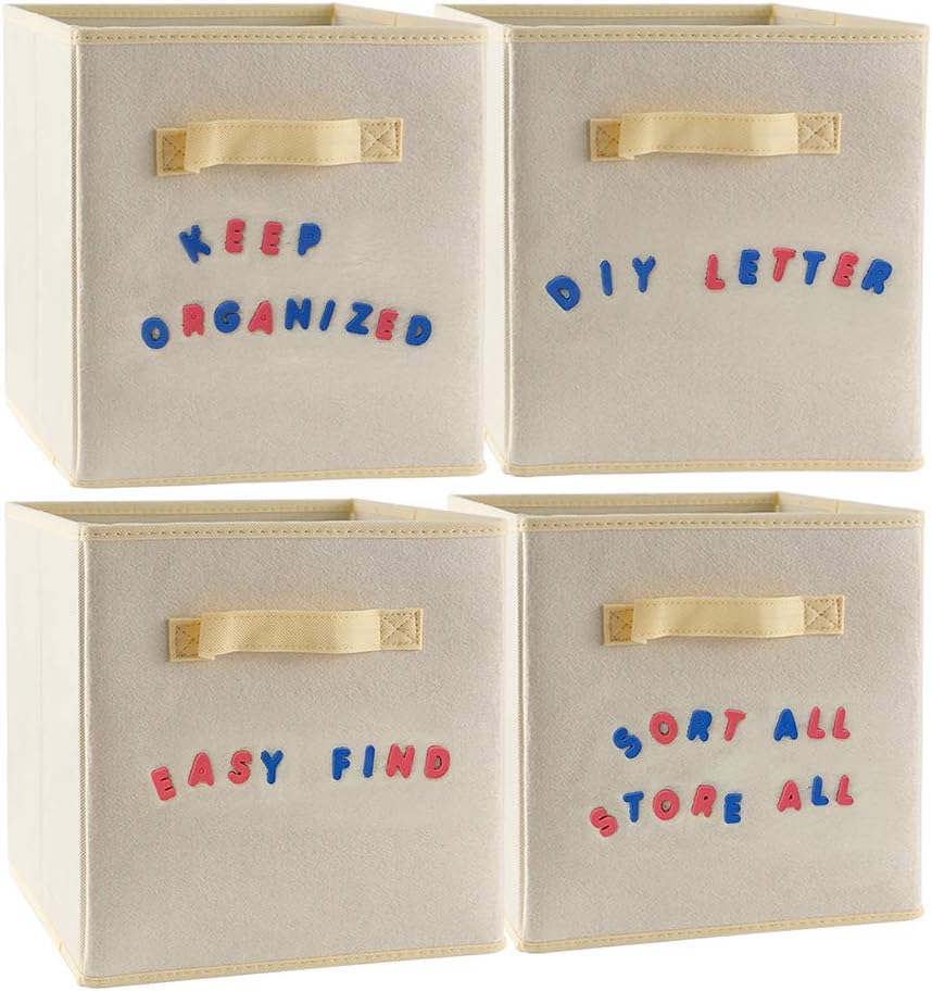 MCleanPin Storage Cubes with 208 Sticky Label Letters for Sorting, Foldable Fabric Bins, Shelf Basket & Container, Fit Standard Cube Organizer 11x11x11 inch 4 Pack Beige