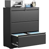 IKIMI Lateral Metal File Cabinets 3 Drawer,Black Locking Filing Cabinet | Wide Steel Storage Cabinet for Office,Commercial Drawer Cabinets for Legal/Letter/A4 Size Files,Assembly Required