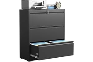 IKIMI 3 Drawer Lateral File Cabinets with Lock,Black Metal Lateral Filing Cabinet for Home Office,Wide Steel Storage Cabinet Commercial Drawer Cabinets for Legal/Letter/A4 Size Files Assembly Required