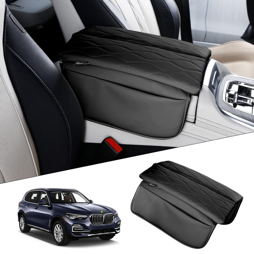 Photo 1 of Karltys Center Console Cover for BMW X5 G05/ X7 G07 2019-2025 2026/ X6 G06 2020-2025 2026, Leather Middle Console Armrest Cover for BMW X5 Waterproof Protector with Storage Pockets (Black)