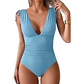 Maevier One Piece Swimsuit for Women Tummy Control Ruched Bathing Suit Sexy High Cut Swimwear V Neck Swim Suit