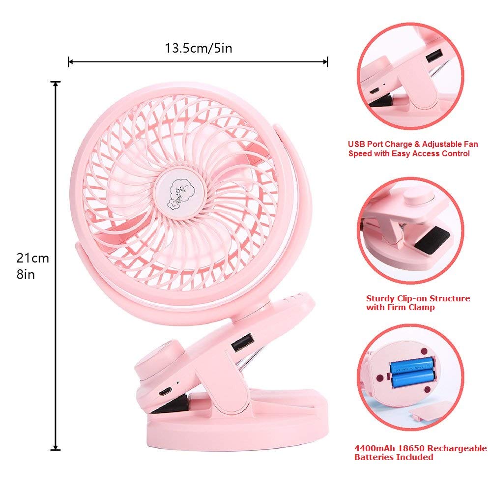 AUSEIN Ventilateur à Pince,Mini Ventilateur de Bureau avec Batterie Rechargeable, Ventilateur USB Silencieux à Rotation sur 360 ° pour la Maison, Les Voyages et Le Bureau (Rose)