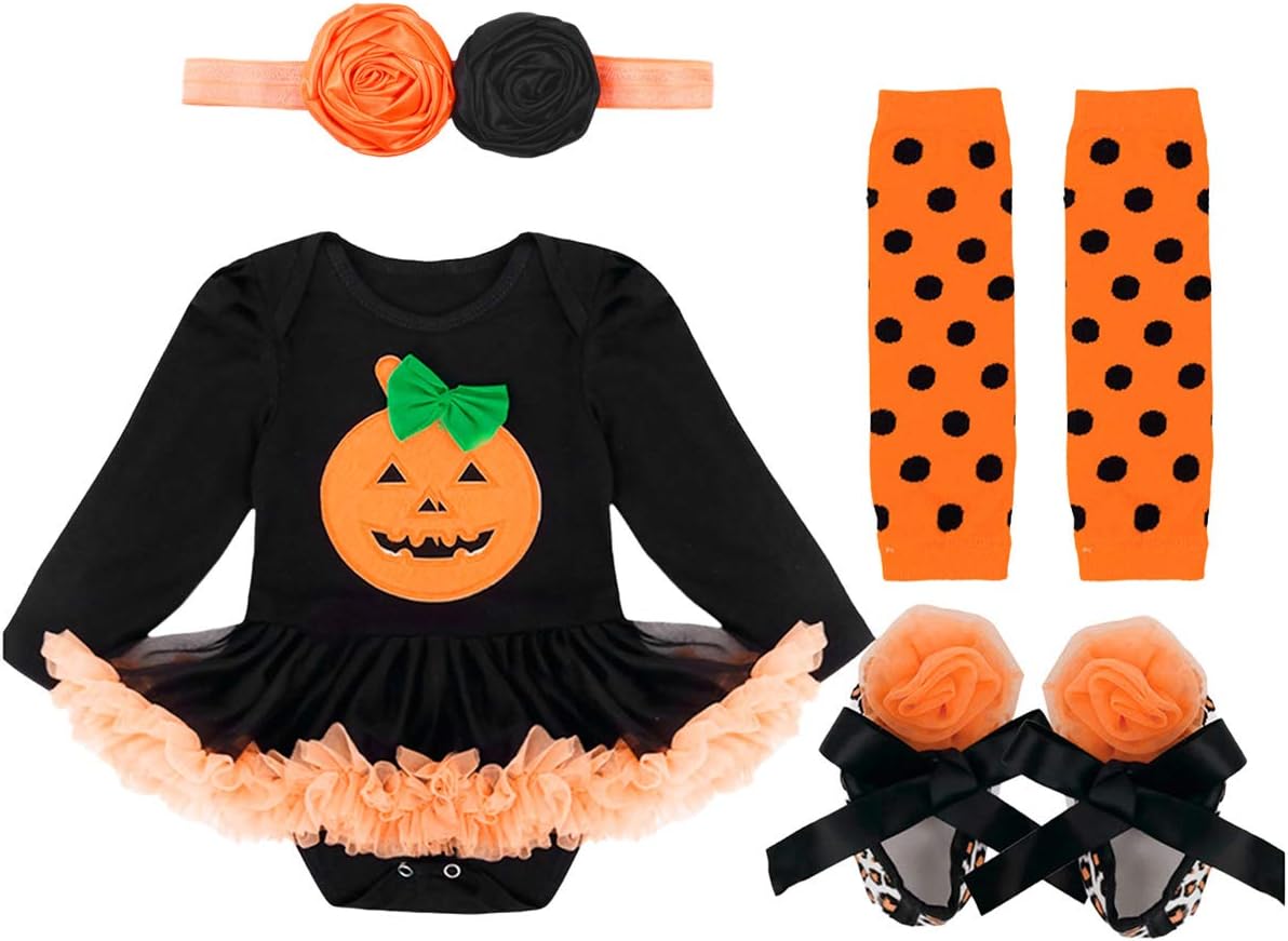 Kaerm Baby Girls Halloween Carnival Outfit Long Sleeve Pumpkin Applique Tutu Romper with Headband Leg Warmers Shoes Green 3-6 Months