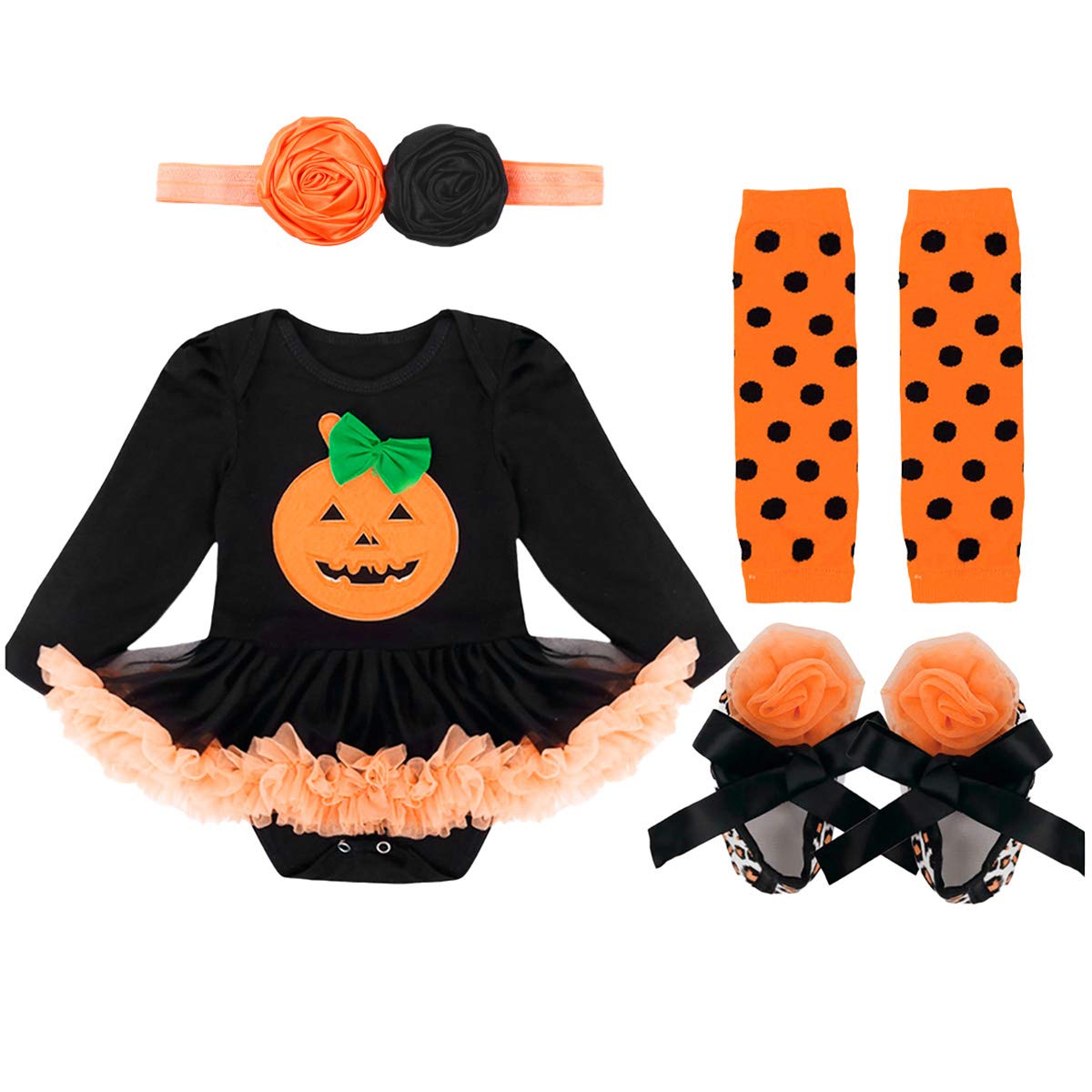 Kaerm Baby Girls Halloween Carnival Outfit Long Sleeve Pumpkin Applique Tutu Romper with Headband Leg Warmers Shoes Green 3-6 Months