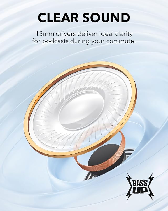 K20i di Anker, auricolari wireless semi-in-ear, Bluetooth 5.3, 36 ore di riproduzione, ricarica rapida, suono nitido e chiamate con 2 microfoni ENC, EQ personalizzata, IPX5, controllo app