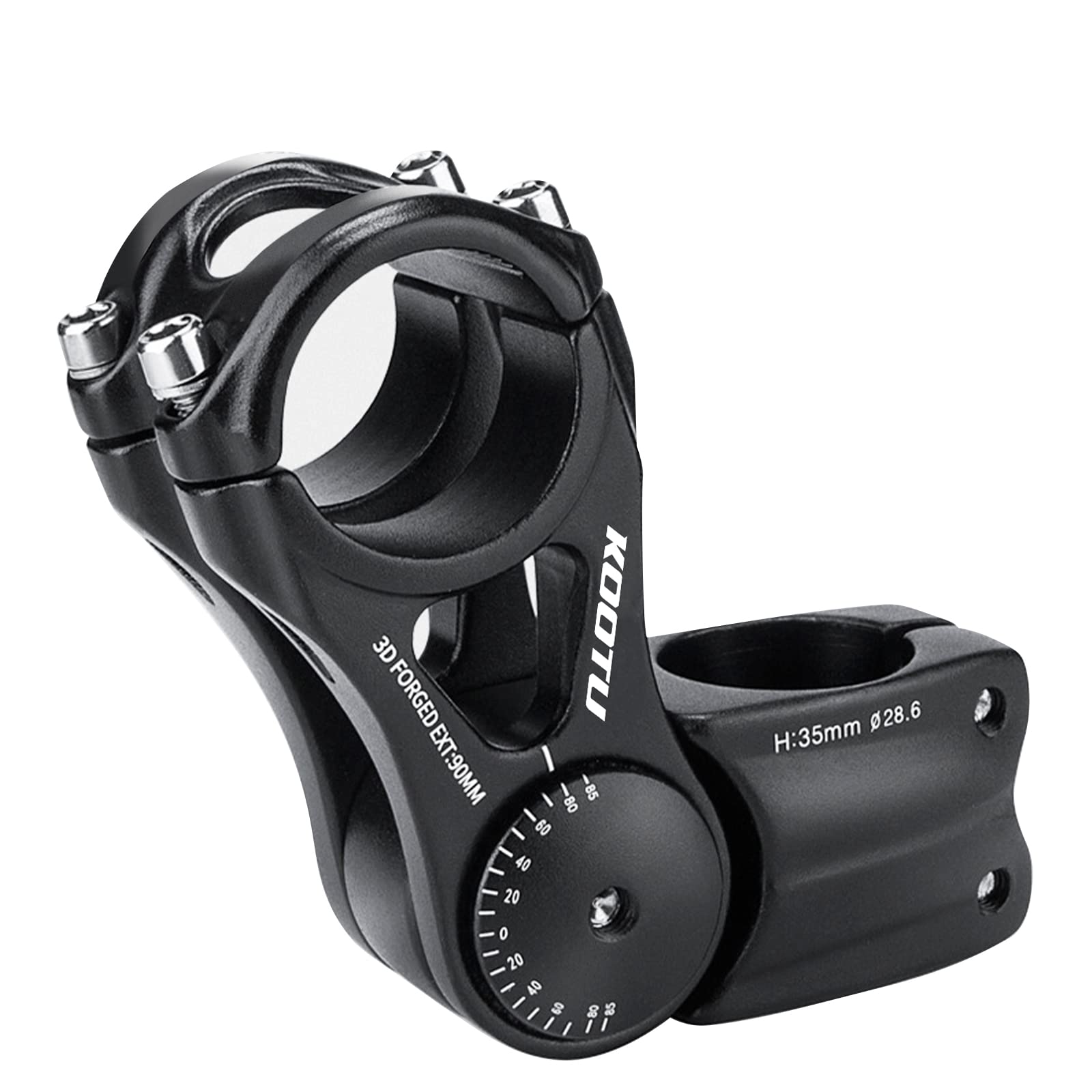 KOOTU Aluminium Bike Stem, 90mm, 31.8mm Handlebar, 28.6mm Fork Stem, Black, Adjustable ±85°, Mountain Bike, Road Bike, BMX
