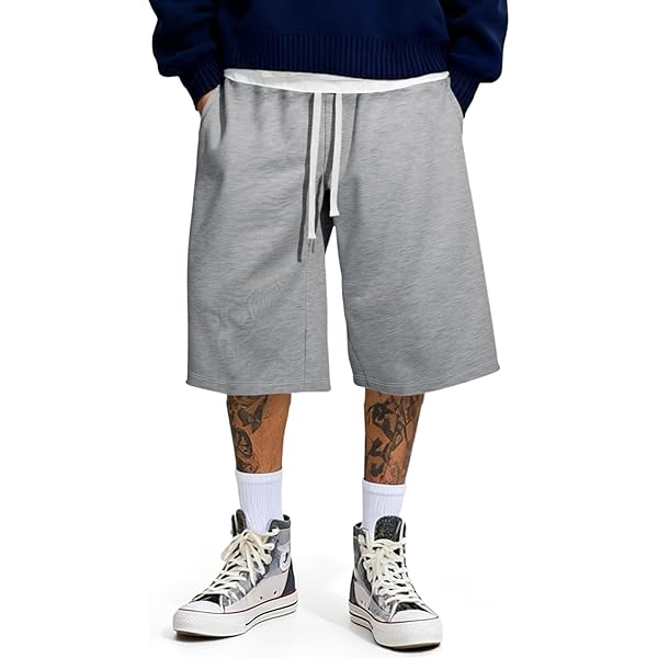 SHENHE Men's Baggy Sweat Shorts Drawstring Waist Wide Leg Raw