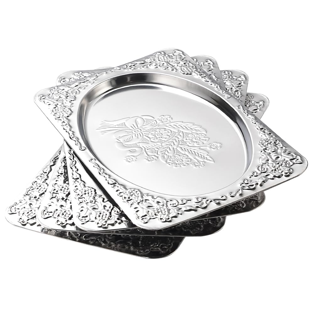 Photo 1 of 4-Pack Silver Serving Trays Set - ZENOVLUX Vintage Floral Engraved Mirror Decorative Tray, 13.8" x 8.7" Party Platters for Easter, Food, Appetizer, Charcuterie, Cookies, Desserts