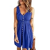 BLENCOT Summer Dresses for Women 2023 Casual V Neck Button Down Sleeveless T Shirt Short Dress Bright Blue M