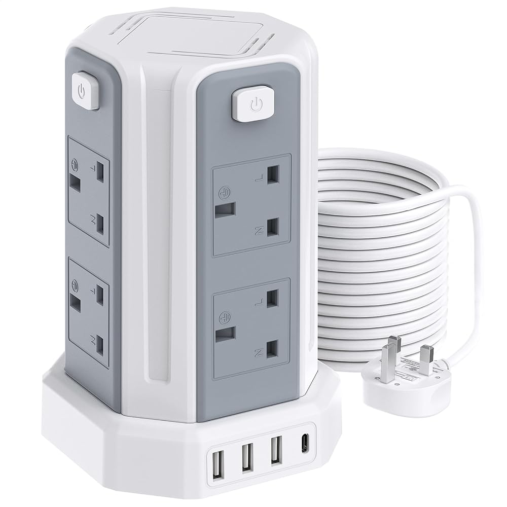 Sameriver Tower Extension Lead 10M 8 AC Outlets 4 USB Ports Surge Protection
