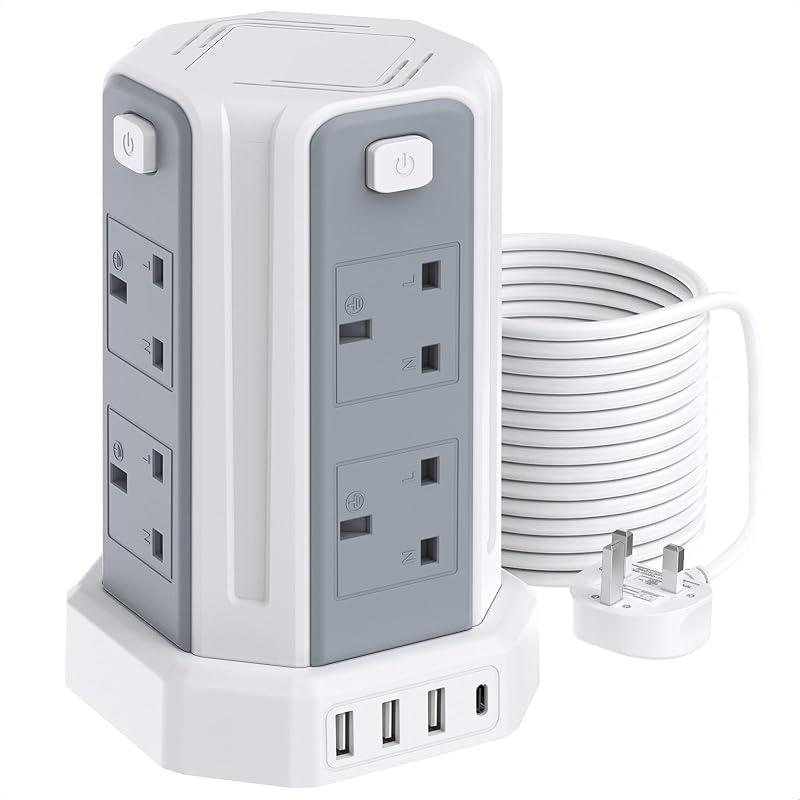 Sameriver Tower Extension Lead 10M 8 AC Outlets 4 USB Ports Surge Protection