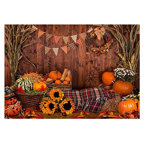 Funnytree 7x5ft Fall Thanksgiving Photography Backdrop Rustic Wooden Floor Barn Harvest Background Autumn Pumpkins Maple Leaves Sunflower Baby Portrait Party Decoration Photo Studio Booth Props