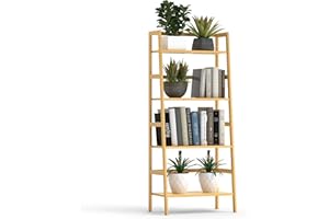 Thalomely Bamboo Bookshelf, 4-Tier Ladder Shelf Freestanding Space Saver Open Bookcase Book Shelf, Bamboo Storage Shelving Unit Flower Plant Stand for Living Room, Bathroom, Home Office, Natural
