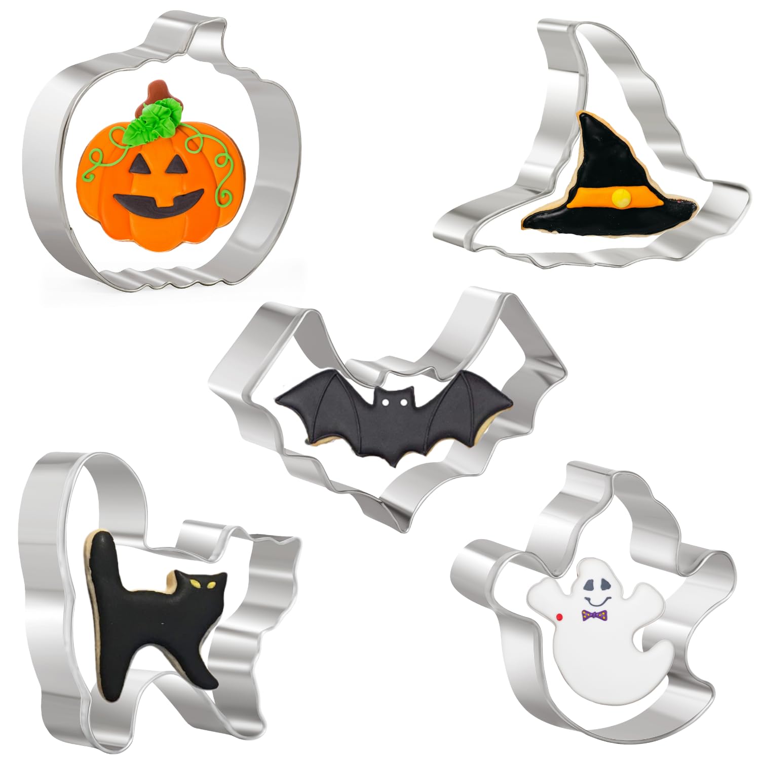 Halloween Cookie Cutter Set of 5, Biscuit Cookie Cutter Set, Pumpkin, Bat, Ghost, Witches Hat, Stainless Steel Cutter for Baking