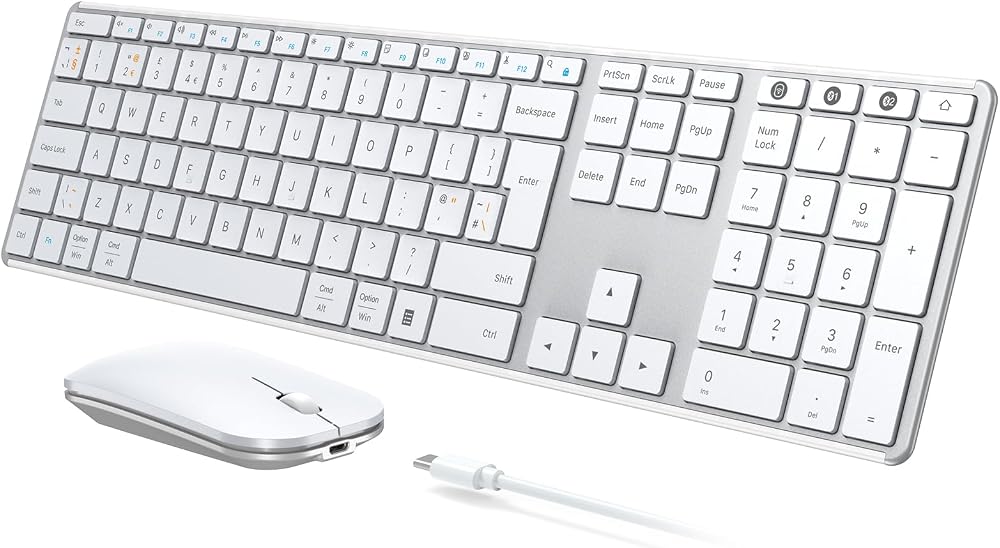 Seenda SKM64-3 Wireless Keyboard Mouse Set Multi-Device UK Layout White Silver
