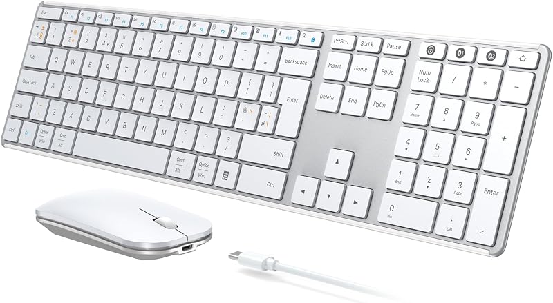 Seenda SKM64-3 Wireless Keyboard Mouse Set Multi-Device UK Layout White Silver