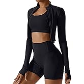 Workout Sets for Women 3 Piece Long Sleeve Zip Up Jacket, Sports Bra, High Waisted Yoga Shorts Gym Athletic Sets