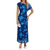 BLENCOT Women's Floral Off Shoulder Maxi Dress Ruched Bodycon Summer Wedding Guest Party Gown