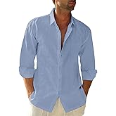 JEKAOYI Button Down Linen Shirts for Men Casual Long Sleeve Regular Fit Cotton Beach Shirts with Pocket
