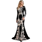 Women Skeleton Dress Long Sleeve Gothic Print Maxi Halloween Dresses Velvet Floral Soft Costume Cosplay