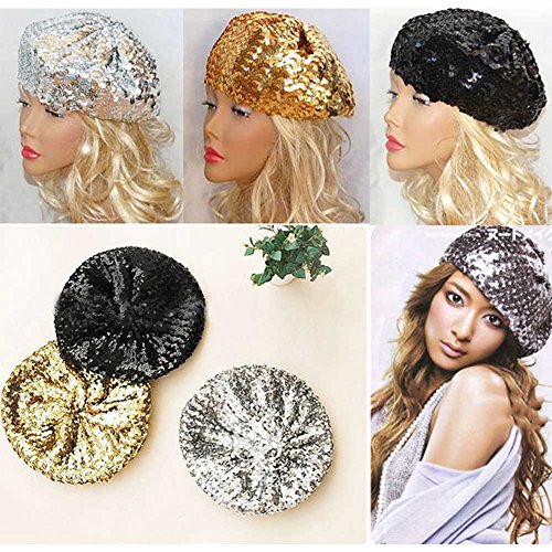 CHUANGLI Bling Sparkle Sequine Beret Hat Performance Shining Cap for Dancing Party Gold