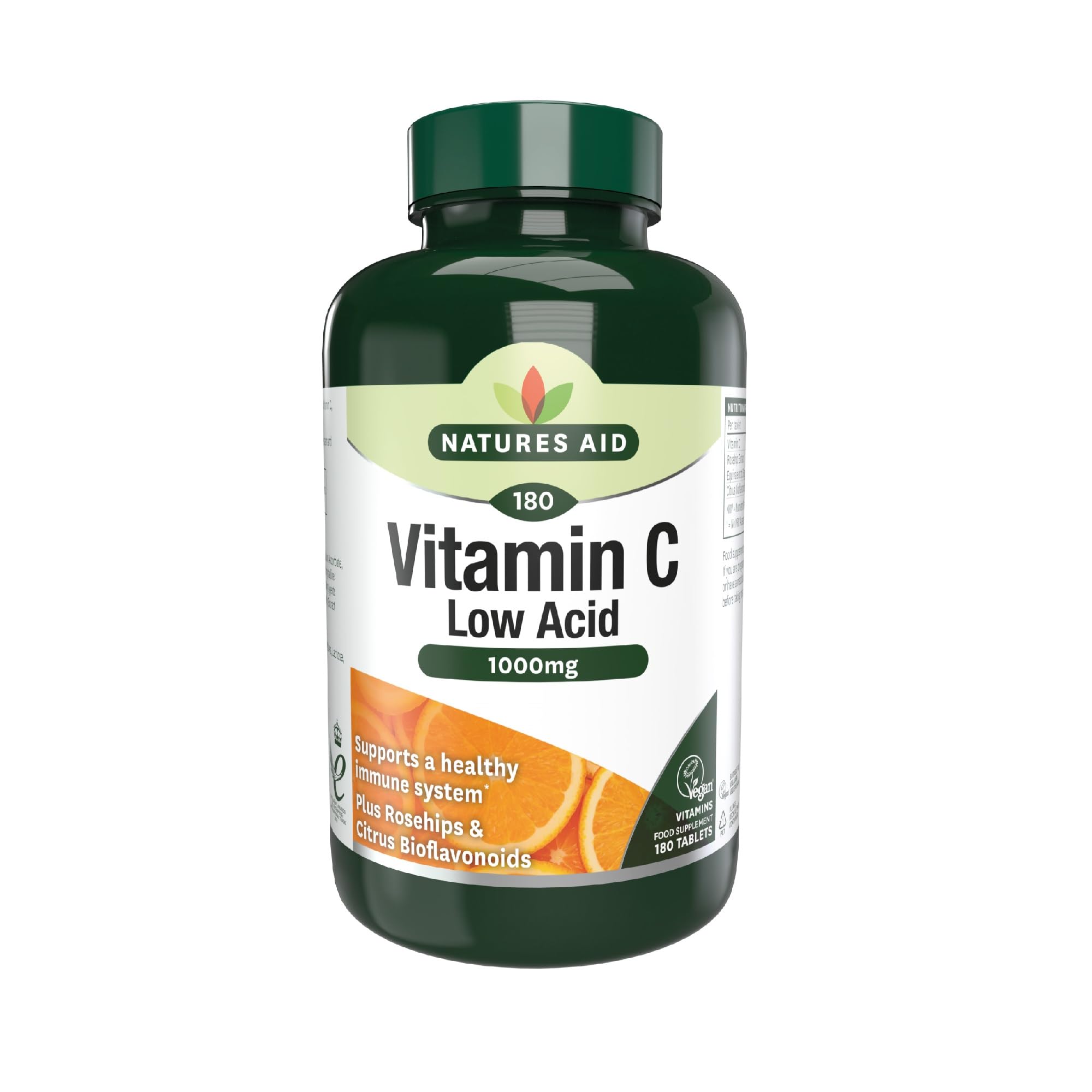 Natures Aid Low Acid Vitamin C 1000mg – High Strength Immune Support, Antioxidant Protection – Gentle on Stomach – Supports Collagen, Skin, Energy & Iron Absorption – Vegan - 180 Tablets