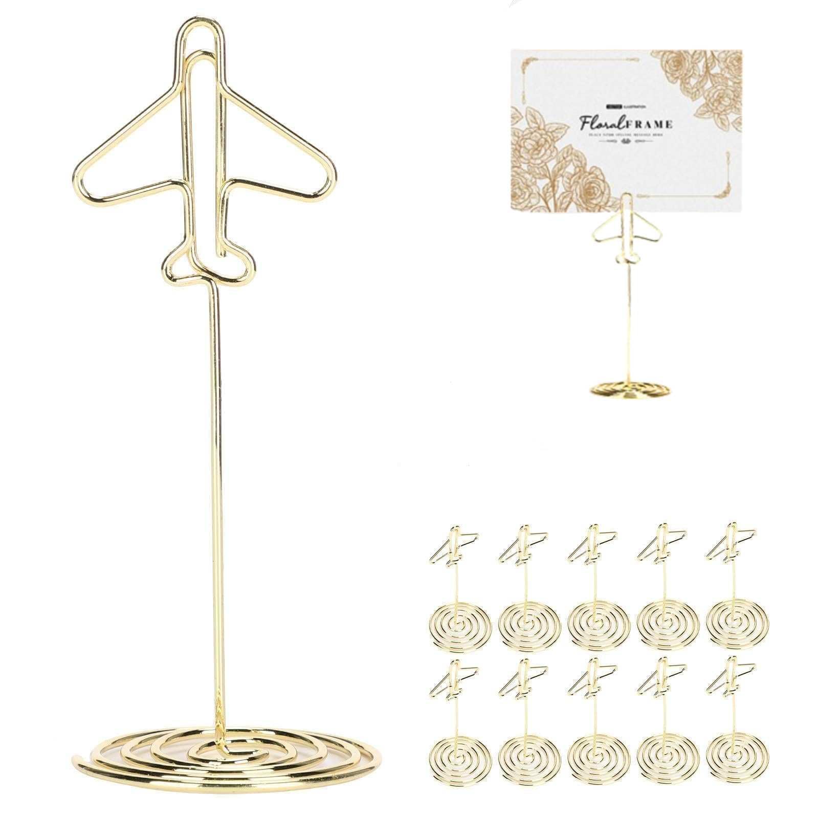 10Pcs Table Number Holder, Table Number Cards Stand, Place Memo Holder Gold Tall Picture Stand Golden Airplane Shaped Message Clip Desktop with Base for Wedding Centerpieces