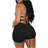 WDIRARA Women's Criss Cross Sleeveless Romper Lace Up Tie Backless Shorts Bodysuit Ribbed Scoop Neck Unitard