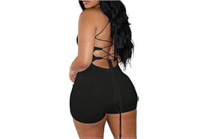 WDIRARA Women's Criss Cross Sleeveless Romper Lace Up Tie Backless Shorts Bodysuit Ribbed Scoop Neck Unitard
