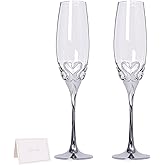 Luxury Champagne Glasses Flutes Set of 2 - Elegant Crystal Lead-Free 8oz Glass with Swan-Design Crystal-Accented Heart-shaped Zinc Alloy Base, for Weddings Party Birthday Anniversary Romantic Gifts